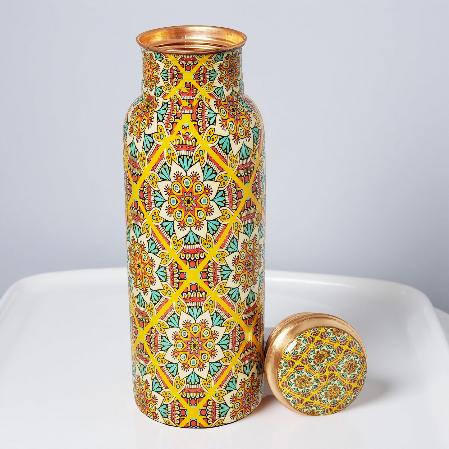 Yellow Mandala Copper Water Bottle – 1 Litre | Handcrafted Ayurvedic Drinkware