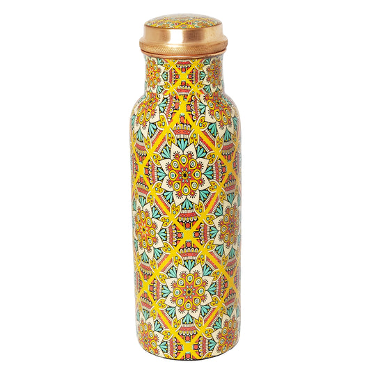 Yellow Mandala Copper Water Bottle – 1 Litre | Handcrafted Ayurvedic Drinkware
