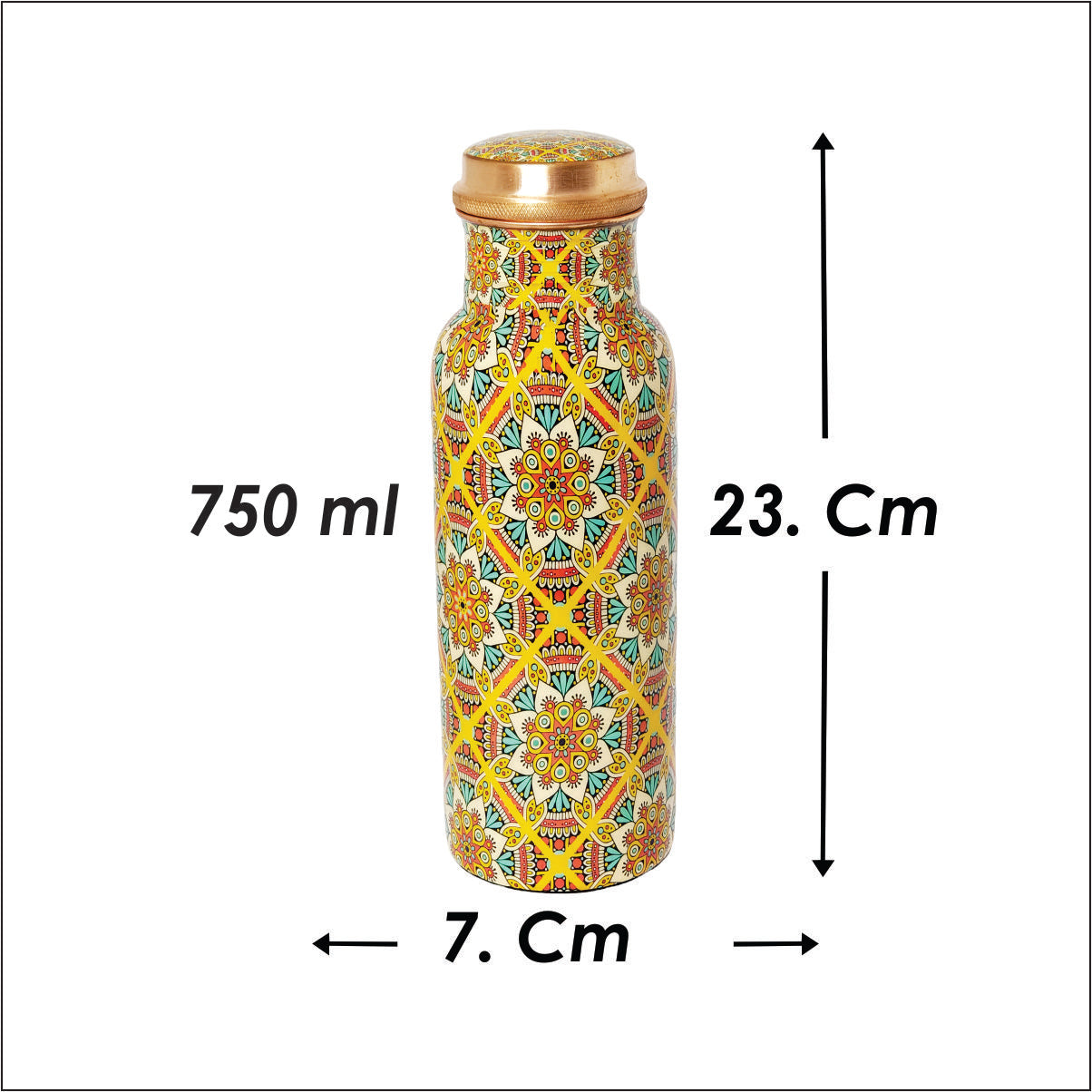 Yellow Mandala Copper Water Bottle – 1 Litre | Handcrafted Ayurvedic Drinkware