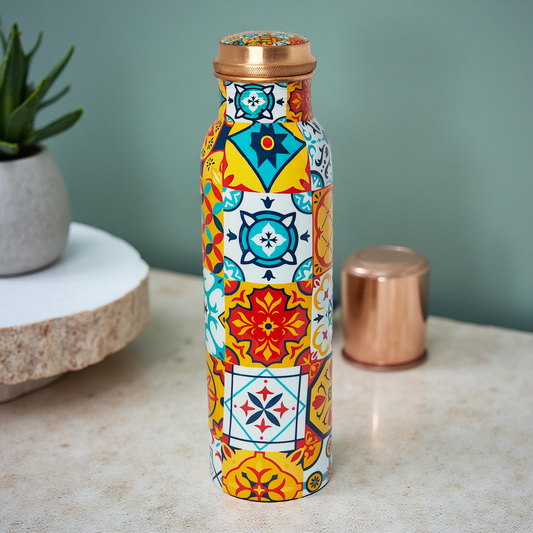 Colorful Tile Pattern Copper Water Bottle – 1 Litre | Handcrafted Ayurvedic Drinkware